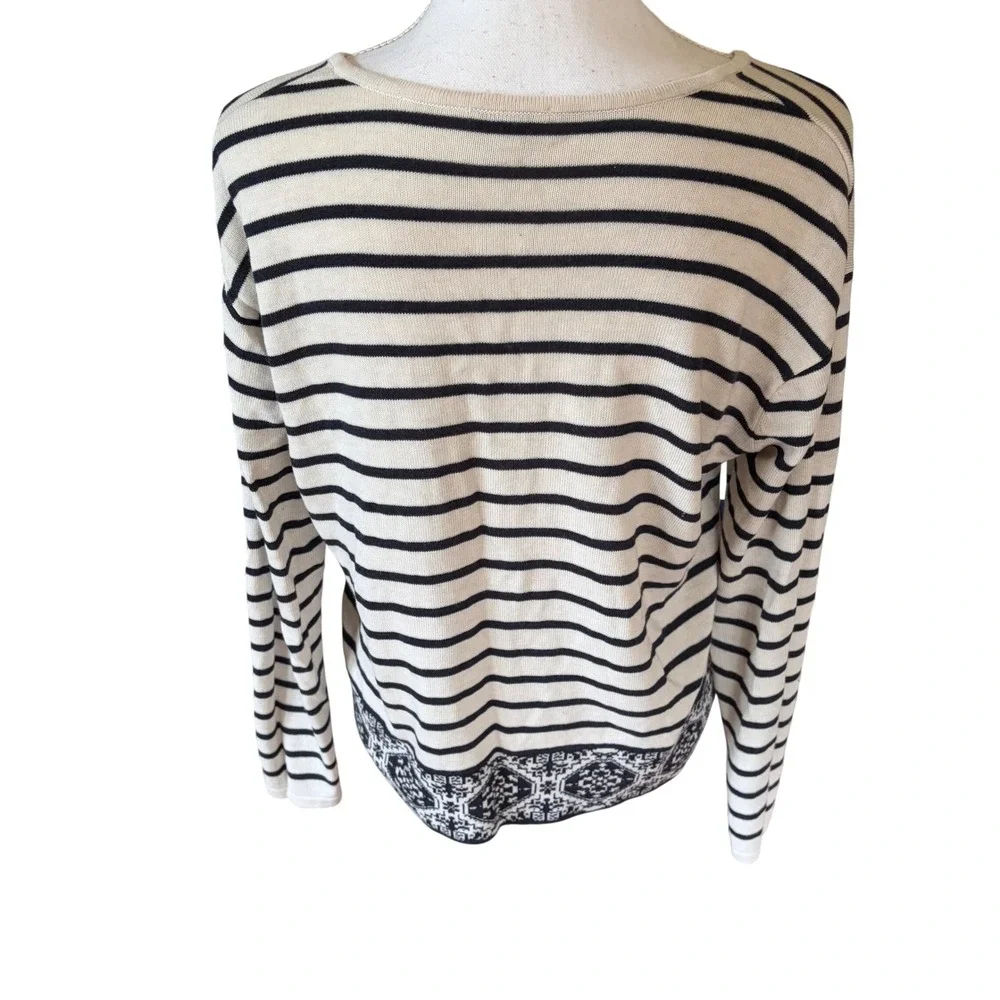 J. Jill Striped Lace Up Sweater Cream Navy Geometric Border Small Boho Indie EUC